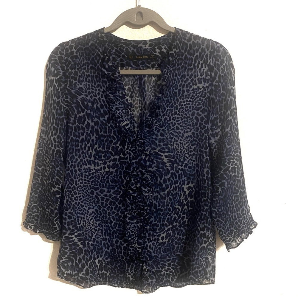 Zara Basic Made In Morocco Petite Sz XS Blue Black Animal Print Ruffled …